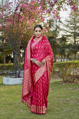 Red woven design kanjivaram soft satin silk blend saree with blouse 1