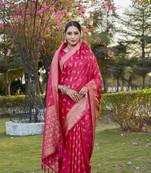 Red woven design kanjivaram soft satin silk blend saree with blouse