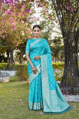 Blue woven design kanjivaram soft satin silk blend saree with blouse 1