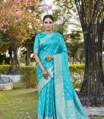 Blue woven design kanjivaram soft satin silk blend saree with blouse
