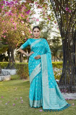 Blue woven design kanjivaram soft satin silk blend saree with blouse 2