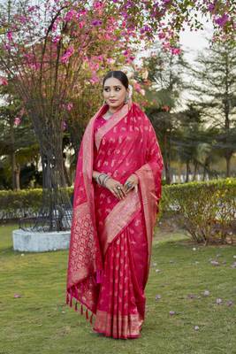 Red woven design kanjivaram soft satin silk blend saree with blouse 2