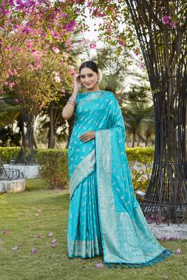 Blue woven design kanjivaram soft satin silk blend saree with blouse 3