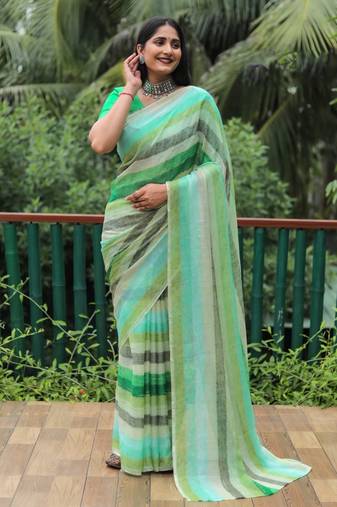 Green Printed Design Moss Chiffon Saree With Blouse