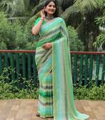 Green Printed Design Moss Chiffon Saree With Blouse
