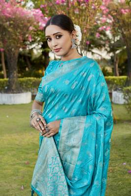 Blue woven design kanjivaram soft satin silk blend saree with blouse 4