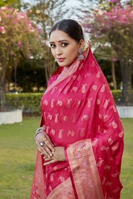Red woven design kanjivaram soft satin silk blend saree with blouse 4