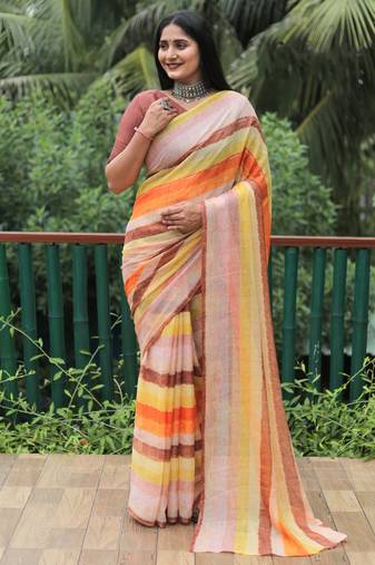 Brown Printed Design Moss Chiffon Saree With Blouse
