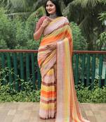 Brown Printed Design Moss Chiffon Saree With Blouse