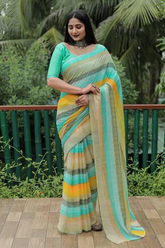 Light Green Printed Design Moss Chiffon Saree With Blouse