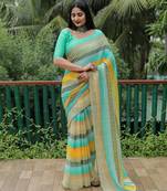 Light Green Printed Design Moss Chiffon Saree With Blouse
