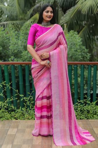 Pink Printed Design Moss Chiffon Saree With Blouse