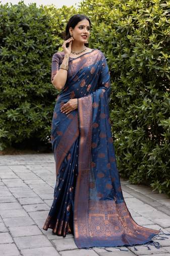 Blue Woven Design Soft Silk Blend Saree With Blouse