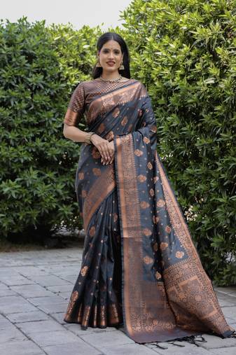 Grey Woven Design Soft Silk Blend Saree With Blouse