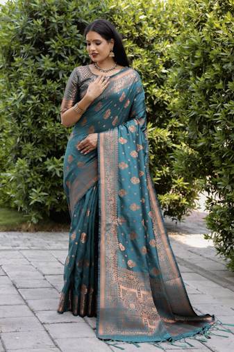 Teal Woven Design Soft Silk Blend Saree With Blouse