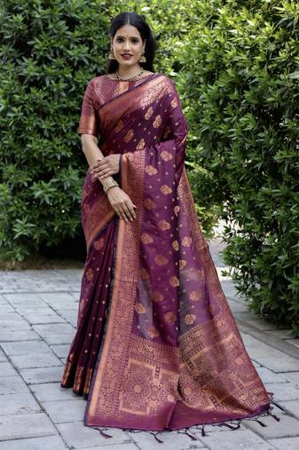 Wine Woven Design Soft Silk Blend Saree With Blouse