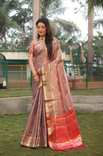 Brown Woven Design Organza Patola Saree With Blouse