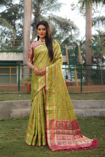 Mehendi Woven Design Organza Patola Saree With Blouse