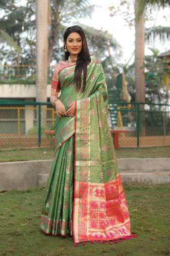 Green Woven Design Organza Patola Saree With Blouse