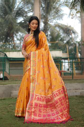 Yellow Woven Design Organza Patola Saree With Blouse