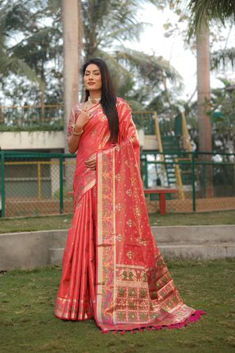 Orange Woven Design Organza Patola Saree With Blouse