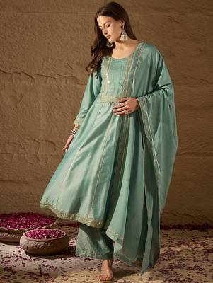 women sea green silk blend solid embroidered anarkali kurta palazzo with dupatta 1