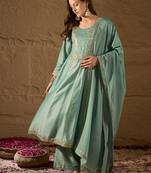 women sea green silk blend solid embroidered anarkali kurta palazzo with dupatta