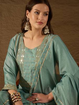 women sea green silk blend solid embroidered anarkali kurta palazzo with dupatta 2