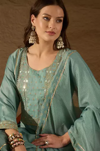 women sea green silk blend solid embroidered anarkali kurta palazzo with dupatta