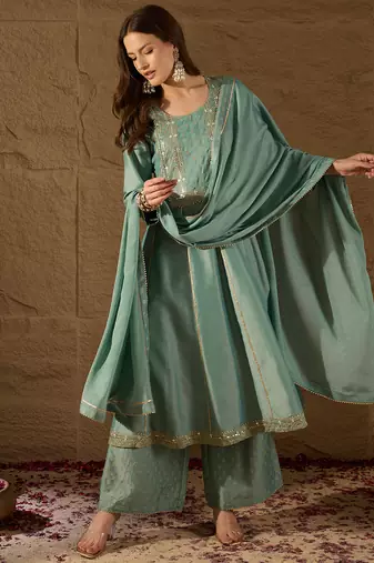 women sea green silk blend solid embroidered anarkali kurta palazzo with dupatta