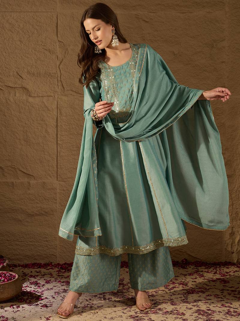 women sea green silk blend solid embroidered anarkali kurta palazzo with dupatta