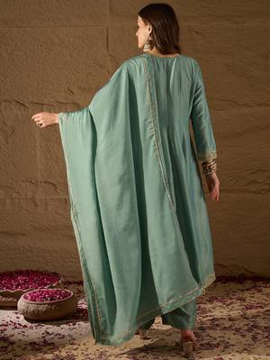women sea green silk blend solid embroidered anarkali kurta palazzo with dupatta 4