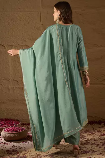 women sea green silk blend solid embroidered anarkali kurta palazzo with dupatta