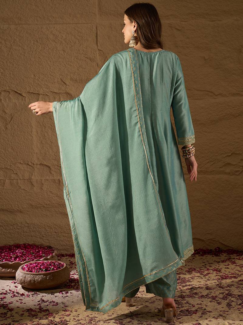 women sea green silk blend solid embroidered anarkali kurta palazzo with dupatta