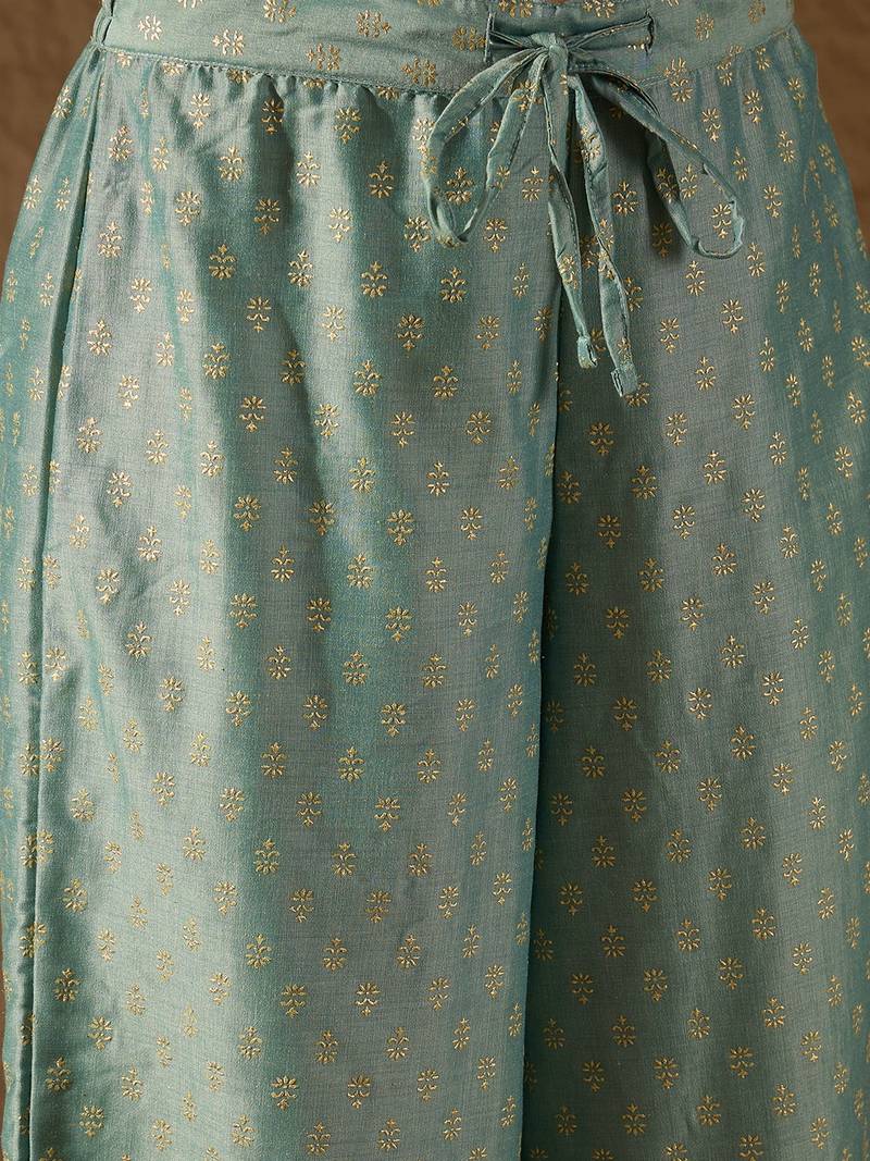 women sea green silk blend solid embroidered anarkali kurta palazzo with dupatta