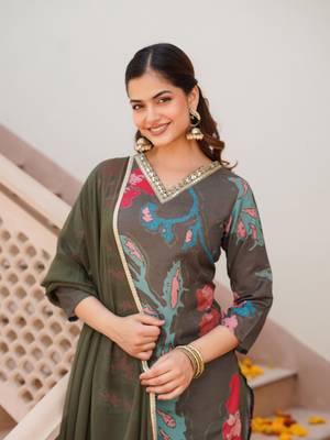women olive cotton blend floral printed straight kurta trouser with dupatta 1