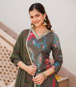 women olive cotton blend floral printed straight kurta trouser with dupatta