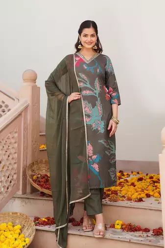 women olive cotton blend floral printed straight kurta trouser with dupatta