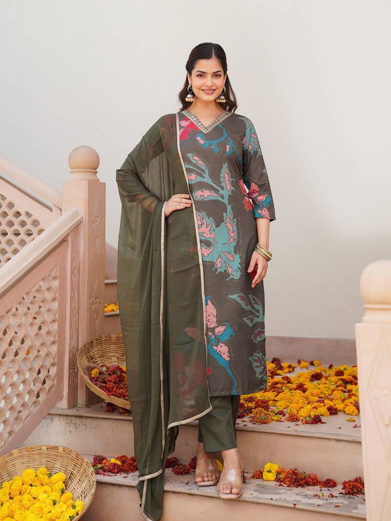 women olive cotton blend floral printed straight kurta trouser with dupatta