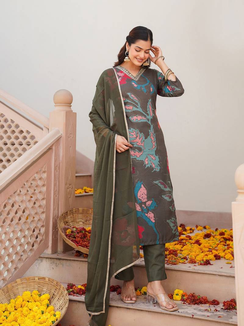 women olive cotton blend floral printed straight kurta trouser with dupatta