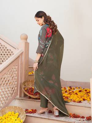 women olive cotton blend floral printed straight kurta trouser with dupatta 4