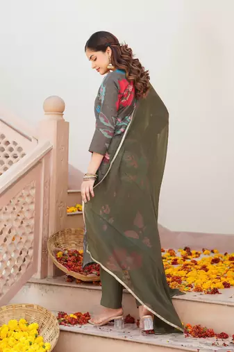 women olive cotton blend floral printed straight kurta trouser with dupatta