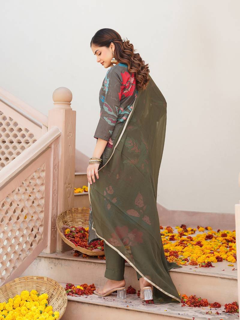 women olive cotton blend floral printed straight kurta trouser with dupatta