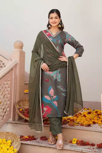 women olive cotton blend floral printed straight kurta trouser with dupatta