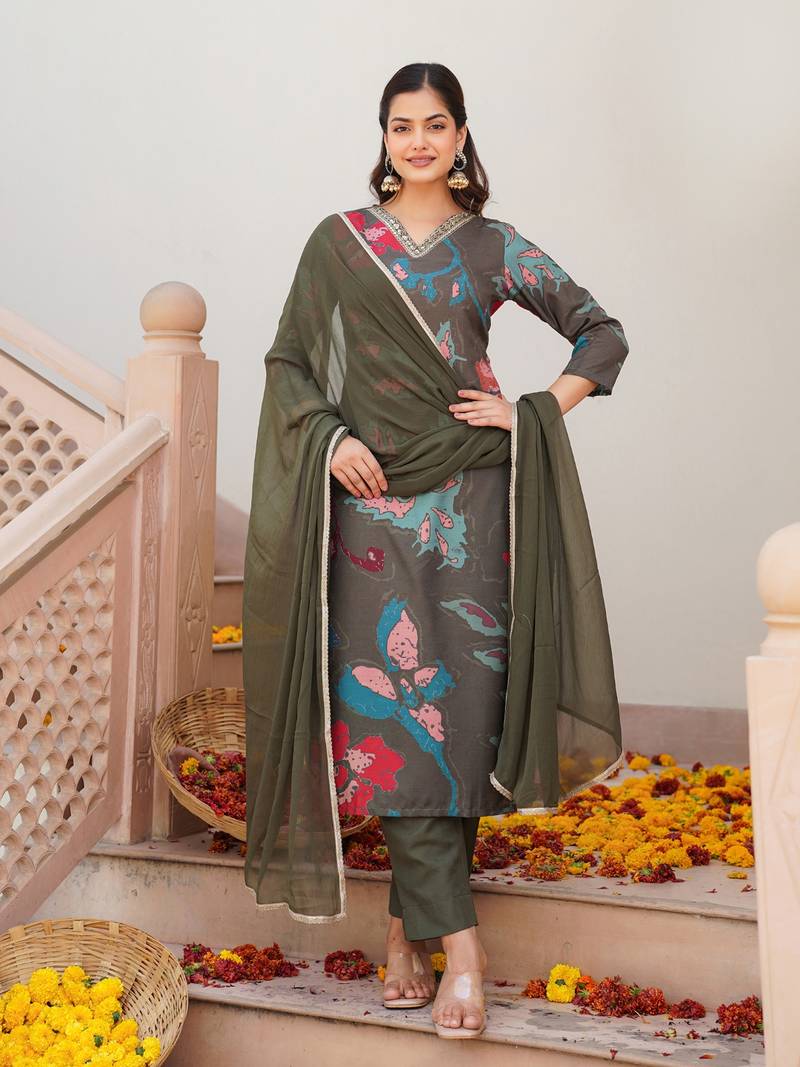 women olive cotton blend floral printed straight kurta trouser with dupatta