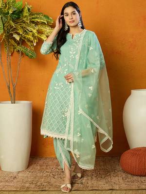 women sea green organza solid embroidered a-line kurta dhoti pant with dupatta 1