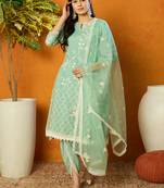women sea green organza solid embroidered a-line kurta dhoti pant with dupatta