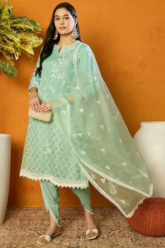 women sea green organza solid embroidered a-line kurta dhoti pant with dupatta