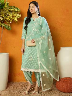 women sea green organza solid embroidered a-line kurta dhoti pant with dupatta 3