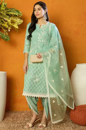 women sea green organza solid embroidered a-line kurta dhoti pant with dupatta